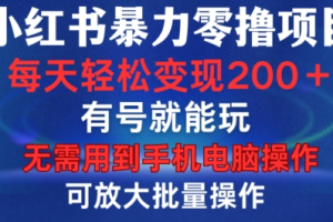 小红书暴力零撸项目，有号就能玩，单号每天变现1到15元，可放大批量操作，无需手机电脑操作【揭秘】