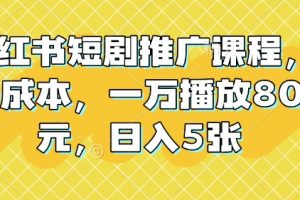 小红书短剧推广课程，0成本，一万播放80元，日入5张